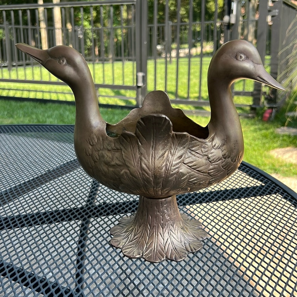 MID-CENTURY BRASS DOUBLE SIDED SWAN CANDY DISH-VINTAGE